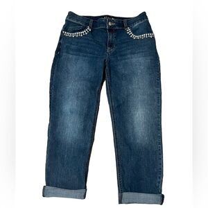 Chicos platinum boyfriend cut denim with decorative rhinestones pockets